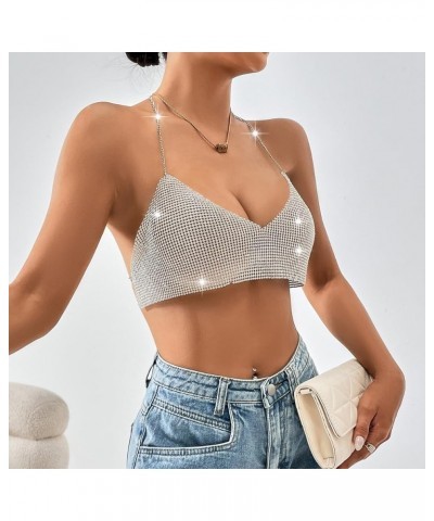 Women's Glitter Halter Tops Sparkle Crystal Rhinestone Chain Crop Top Metal Sequin Club Party Rave Nightclub Outfit F11067-si...