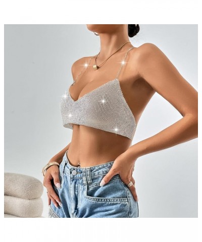 Women's Glitter Halter Tops Sparkle Crystal Rhinestone Chain Crop Top Metal Sequin Club Party Rave Nightclub Outfit F11067-si...