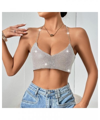 Women's Glitter Halter Tops Sparkle Crystal Rhinestone Chain Crop Top Metal Sequin Club Party Rave Nightclub Outfit F11067-si...