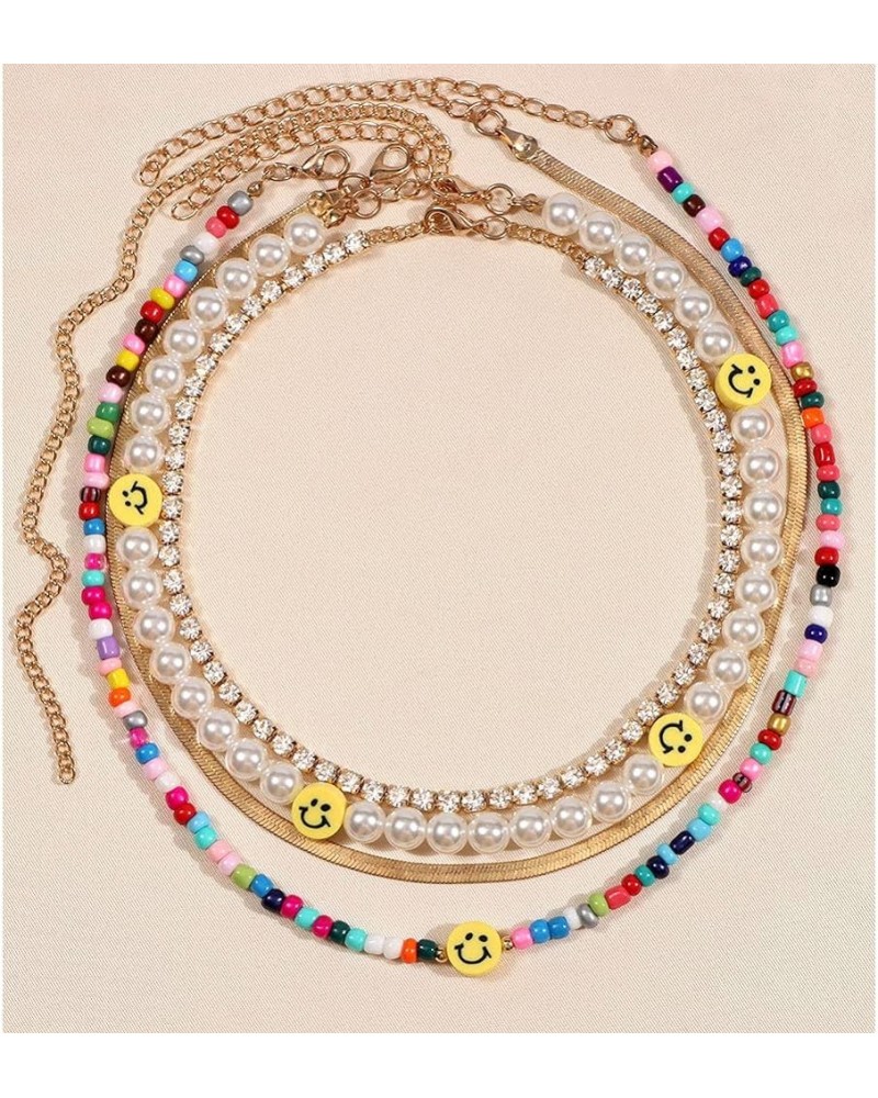 Bohemia Multilayer Smiley Pearl Rainbow Beaded Choker Necklace Compatible with Women Acrylic Fruit Heart Beads Chain Necklace...