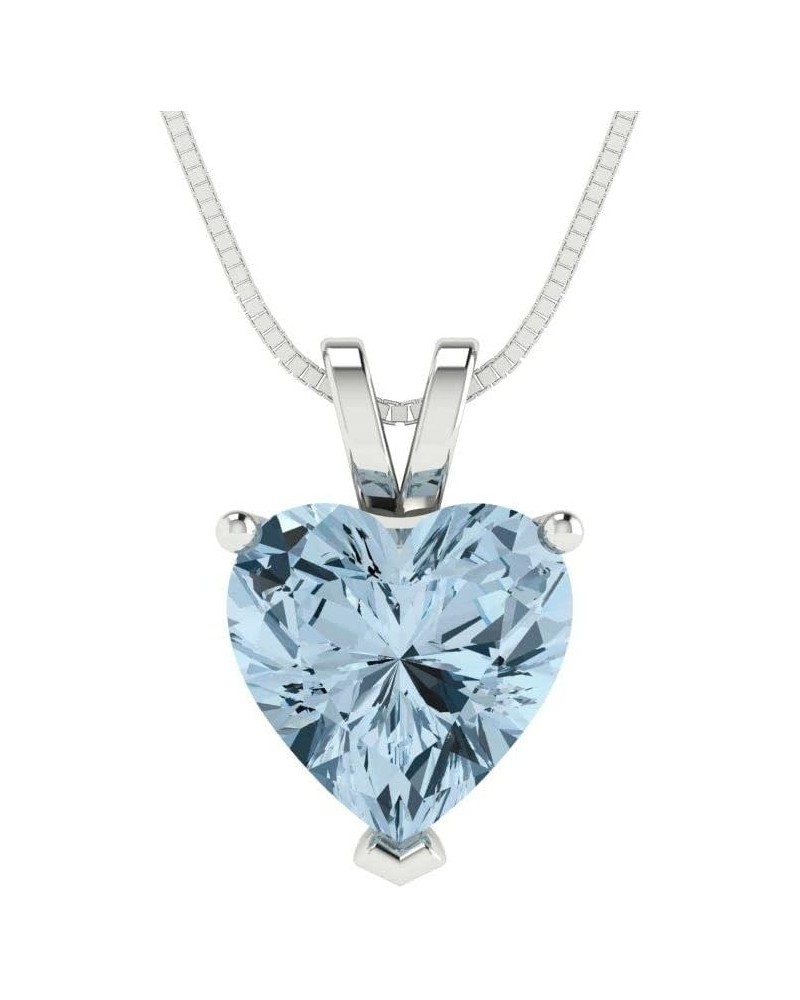 2.0 ct Heart Cut Genuine Natural Aquamarine Gem Solitaire Pendant Necklace With 16" Gold Chain Box Birthstone 18K White Gold ...