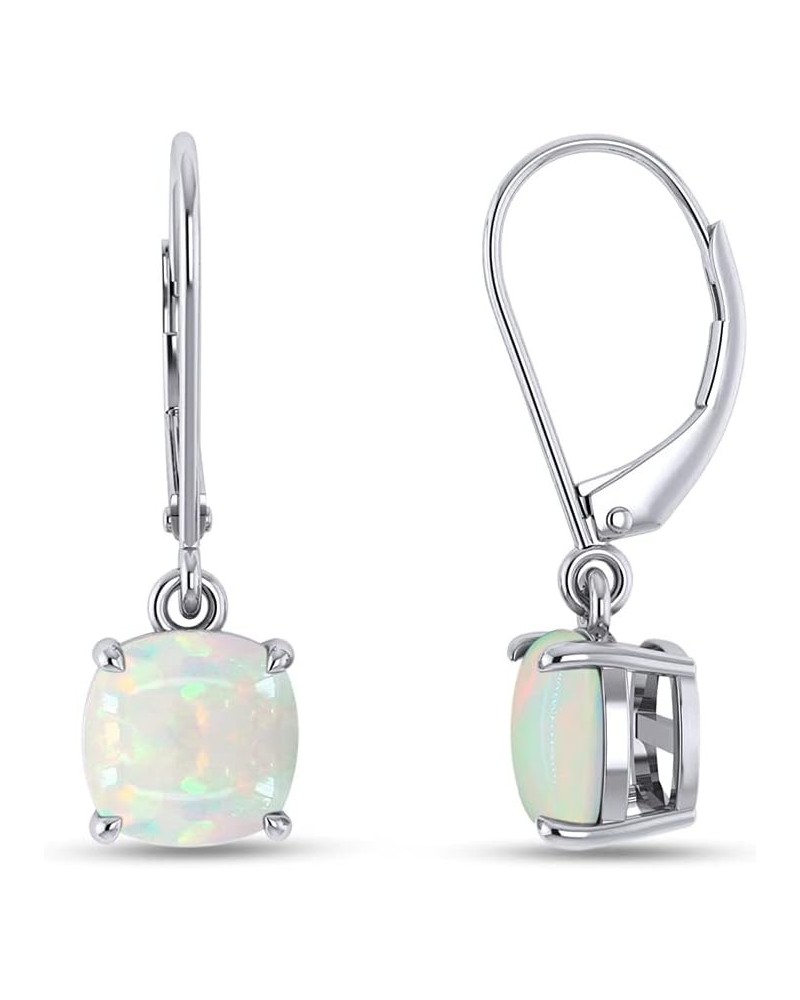 3 Carat CT 8MM Cushion Cut Natural White Opal Gemstone in 10K, 14K Or 18K Solid Gold Leverback Dangle Drop Earrings Gift For ...