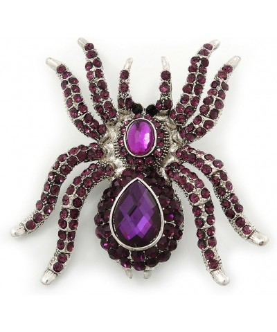 Large Purple Crystal Spider Brooch In Rhodium Plating - 55mm Length $27.17 Brooches & Pins