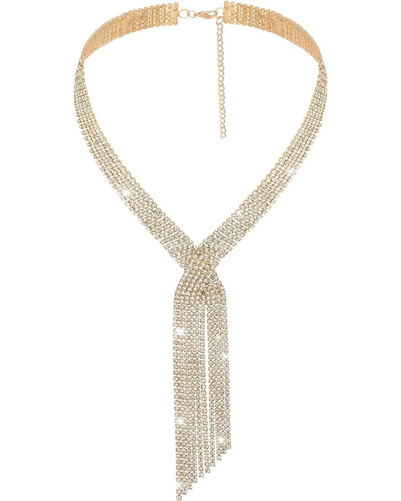 Long Rhinestone Necklace Statement Tassel Necklaces Crystal Layered Y Choker for Women and Girls Gold $11.59 Necklaces