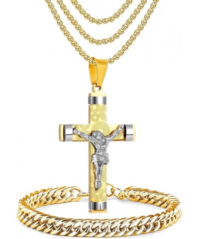 5 Piece Stainless Steel Cross Pendant Necklace Set with 3 Chains and 1 Cuban Bracelet, Jesus Christ Cross Religious Jewelry G...