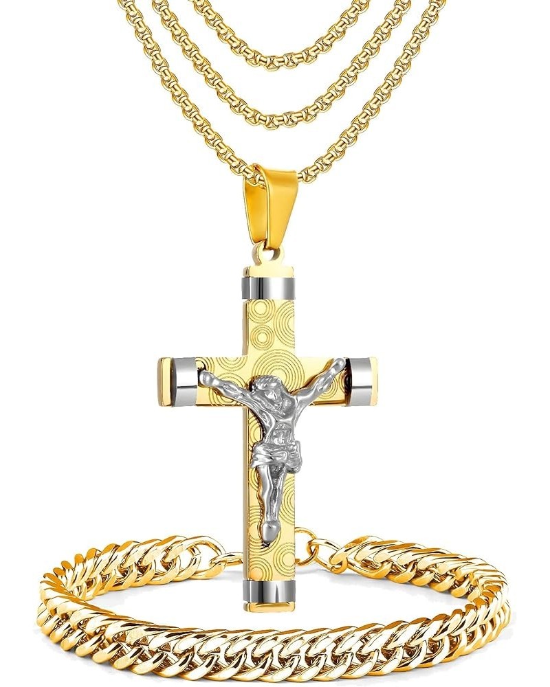 5 Piece Stainless Steel Cross Pendant Necklace Set with 3 Chains and 1 Cuban Bracelet, Jesus Christ Cross Religious Jewelry G...