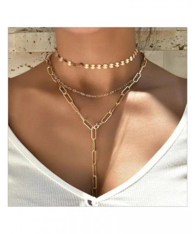 Boho Layered Chain Lariat Necklace Mini Coin Chain Necklace Long Paperclip Y Necklace Gold Disc Chain Necklace Jewelry for Wo...