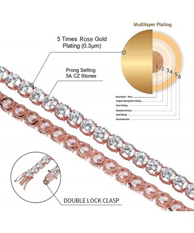 4mm Iced Out Gold Plated Tennis Chain Round Cubic Zirconia Diamond Cuban Link Bracelet For Women Men Rose Gold 7Inch Rose gol...