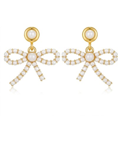 Pearl Heart Bow Dangle Earrings for women Gold Plated Exquisite Pearl Earrings Elegant Jewelry Gift Bow $10.82 Earrings