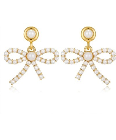 Pearl Heart Bow Dangle Earrings for women Gold Plated Exquisite Pearl Earrings Elegant Jewelry Gift Bow $10.82 Earrings