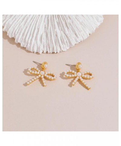 Pearl Heart Bow Dangle Earrings for women Gold Plated Exquisite Pearl Earrings Elegant Jewelry Gift Bow $10.82 Earrings