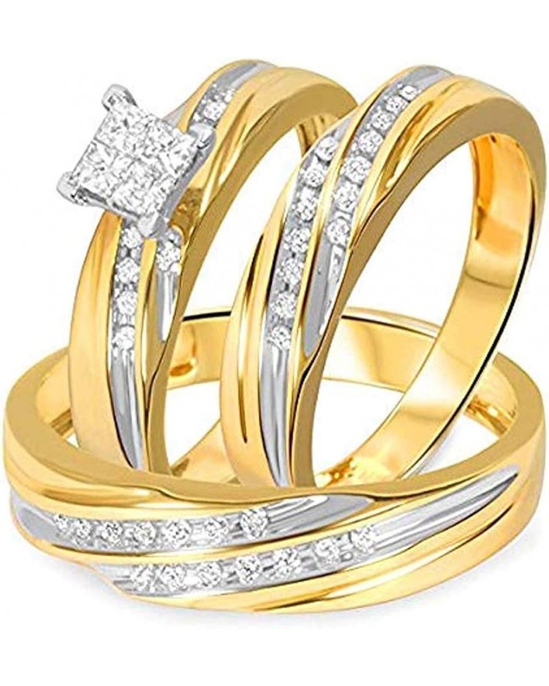 Princess D/VVS1 Diamond 14K Two-Tone Gold Plated 925 Sterling Silver Bridal Wedding Trio Ring Set for Him & Her Women Size 13...