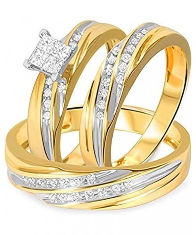 Princess D/VVS1 Diamond 14K Two-Tone Gold Plated 925 Sterling Silver Bridal Wedding Trio Ring Set for Him & Her Women Size 13...