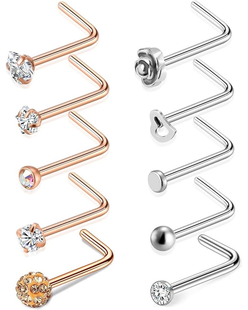 20G 10Pcs Stainless Steel L Shaped Nose Ring CZ Nose Stud Retainer Labret Nose Piercing Jewelry For Women Men Silver Rose Gol...