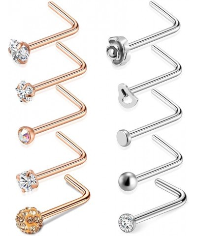 20G 10Pcs Stainless Steel L Shaped Nose Ring CZ Nose Stud Retainer Labret Nose Piercing Jewelry For Women Men Silver Rose Gol...