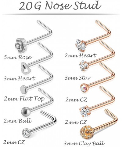 20G 10Pcs Stainless Steel L Shaped Nose Ring CZ Nose Stud Retainer Labret Nose Piercing Jewelry For Women Men Silver Rose Gol...