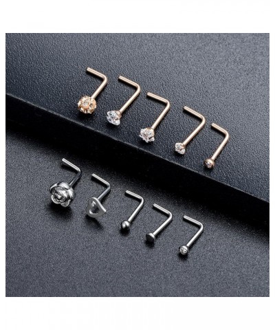 20G 10Pcs Stainless Steel L Shaped Nose Ring CZ Nose Stud Retainer Labret Nose Piercing Jewelry For Women Men Silver Rose Gol...