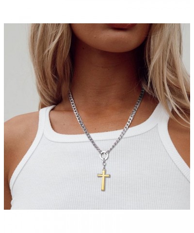 Cross Pendant Necklace Women Men: Dainty Gold & Silver Two Tone Polished Religious Cuban Chain - Simple Circle Link Cross Nec...