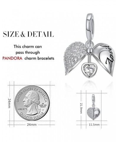 Birthstone Charms Wings of Angel 925 Sterling Silver Love You Heart Charm Dangle Bead for Charm Bracelet Necklace, Happy Birt...