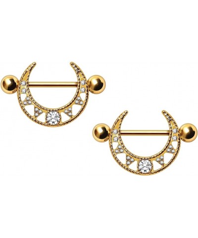 14GA Gold Plated Stainless Steel Jeweled Tribal Crescent Moon Nipple Shields, Sold as a Pair $13.47 Body Jewelry