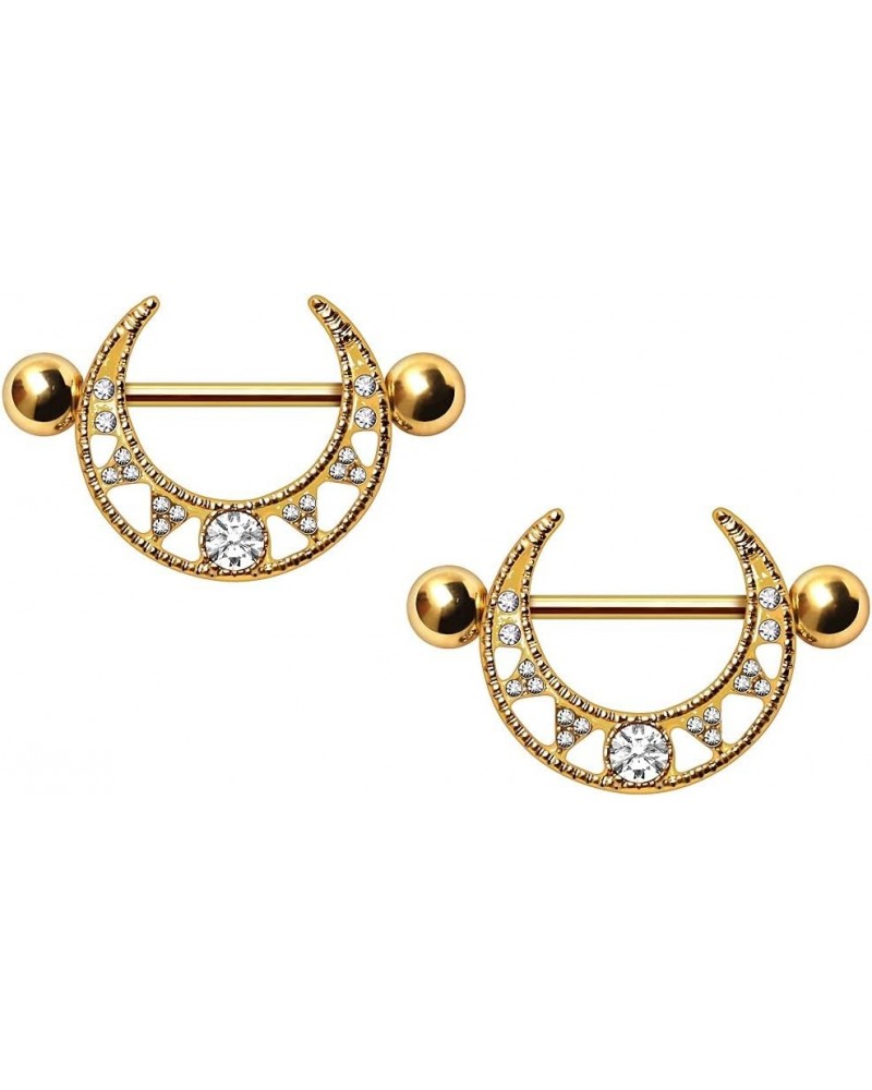 14GA Gold Plated Stainless Steel Jeweled Tribal Crescent Moon Nipple Shields, Sold as a Pair $13.47 Body Jewelry