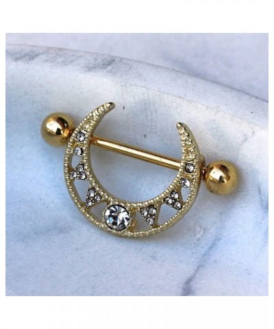 14GA Gold Plated Stainless Steel Jeweled Tribal Crescent Moon Nipple Shields, Sold as a Pair $13.47 Body Jewelry