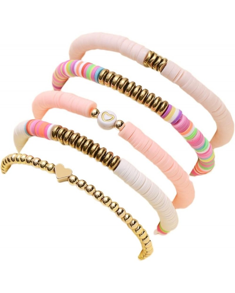 6Pcs/Pack Gold Beaded Bracelet Rainbow Vinyl Disc Ball Srting Stretch Heart Shaped Bracelets Cuff Bangle Set for Women Girls ...