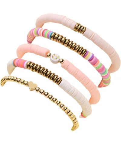 6Pcs/Pack Gold Beaded Bracelet Rainbow Vinyl Disc Ball Srting Stretch Heart Shaped Bracelets Cuff Bangle Set for Women Girls ...