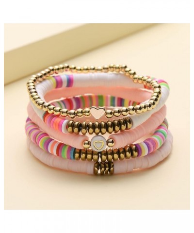 6Pcs/Pack Gold Beaded Bracelet Rainbow Vinyl Disc Ball Srting Stretch Heart Shaped Bracelets Cuff Bangle Set for Women Girls ...