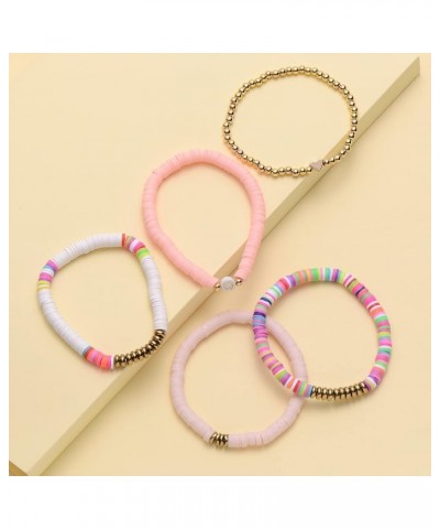 6Pcs/Pack Gold Beaded Bracelet Rainbow Vinyl Disc Ball Srting Stretch Heart Shaped Bracelets Cuff Bangle Set for Women Girls ...