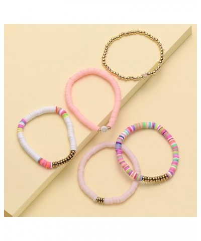 6Pcs/Pack Gold Beaded Bracelet Rainbow Vinyl Disc Ball Srting Stretch Heart Shaped Bracelets Cuff Bangle Set for Women Girls ...