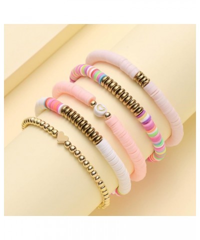 6Pcs/Pack Gold Beaded Bracelet Rainbow Vinyl Disc Ball Srting Stretch Heart Shaped Bracelets Cuff Bangle Set for Women Girls ...