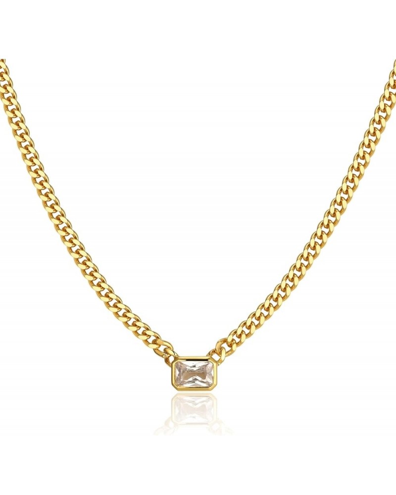 Baguette CZ Necklace | Emerald Cut Pendant Cuban Link Chain Choker 14'' with 2'' Extender Clear CZ $12.48 Necklaces