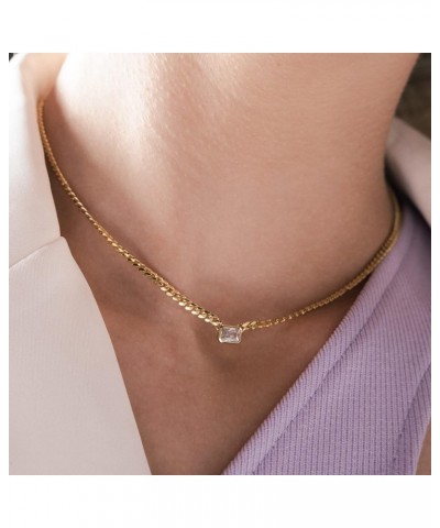 Baguette CZ Necklace | Emerald Cut Pendant Cuban Link Chain Choker 14'' with 2'' Extender Clear CZ $12.48 Necklaces