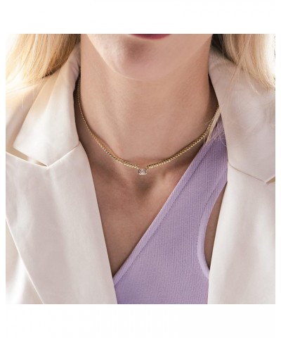 Baguette CZ Necklace | Emerald Cut Pendant Cuban Link Chain Choker 14'' with 2'' Extender Clear CZ $12.48 Necklaces