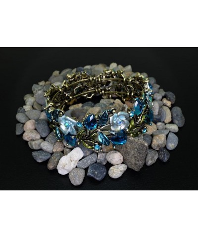 Vintage Flower Bracelet Bangle Crystal Beads Hand-Painted Antique Gold (Blue) $9.68 Bracelets