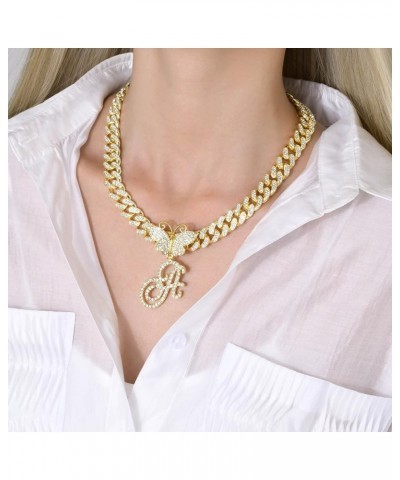 Cuban Link Chain for Women, Gold Letter Initial Butterfly Layered Necklace, Hip Hop Miami Iced Out Chain with Pendant Necklac...