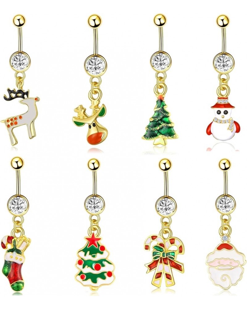 8 Pcs Christmas Dangle Belly Button Rings Navel for Women Curved Barbell Piercing 14G CZ Christmas Themed Piercing Set 8Pcs $...