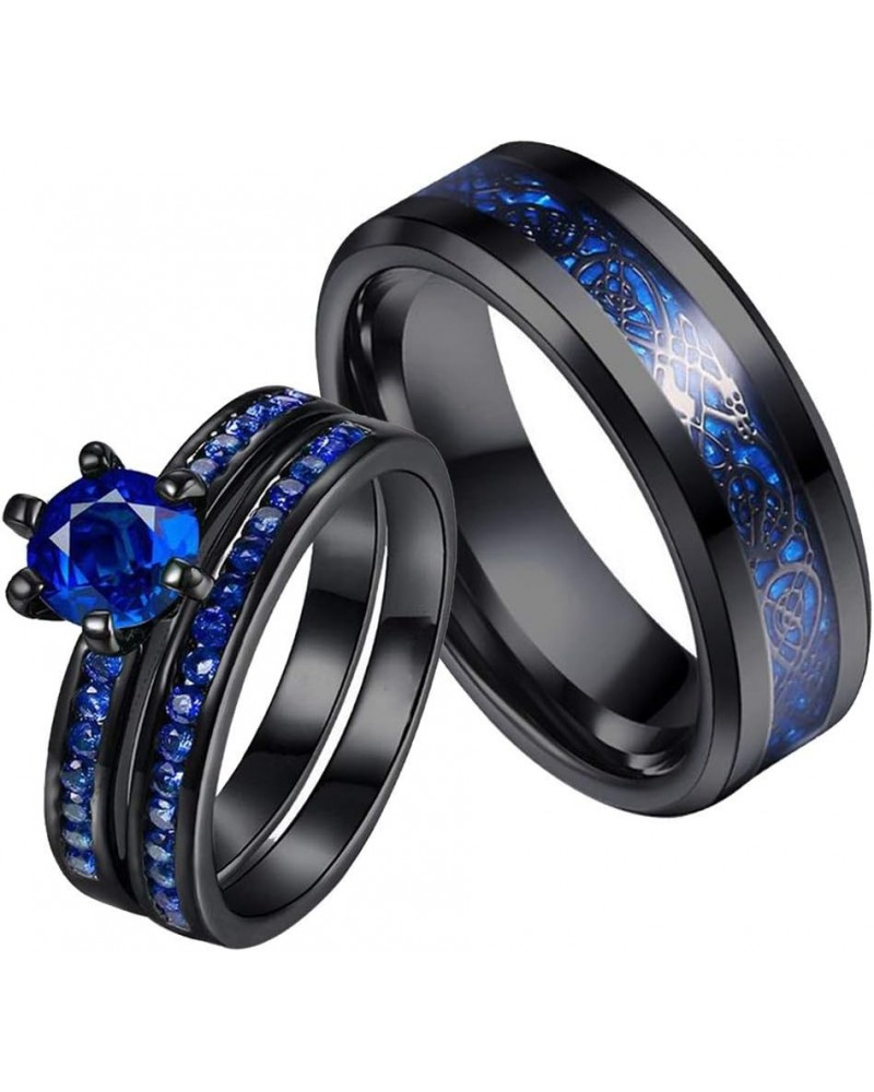 Couple Rings Black Plated Round cut Blue Cz Womens Wedding Ring Sets Stainless Steel Men Wedding Band Blue1 Women size8 $9.40...