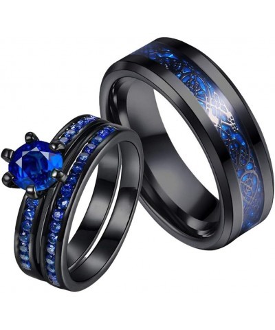 Couple Rings Black Plated Round cut Blue Cz Womens Wedding Ring Sets Stainless Steel Men Wedding Band Blue1 Women size8 $9.40...