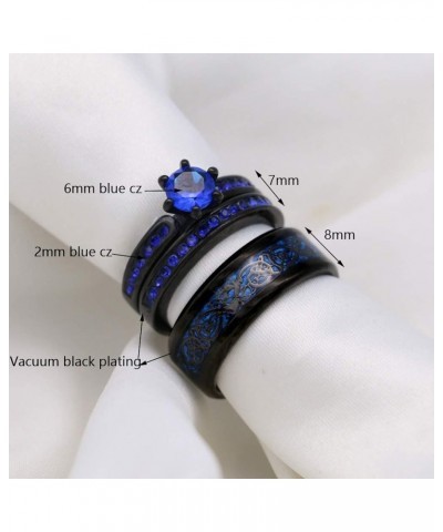 Couple Rings Black Plated Round cut Blue Cz Womens Wedding Ring Sets Stainless Steel Men Wedding Band Blue1 Women size8 $9.40...