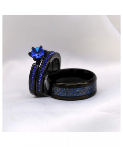 Couple Rings Black Plated Round cut Blue Cz Womens Wedding Ring Sets Stainless Steel Men Wedding Band Blue1 Women size8 $9.40...