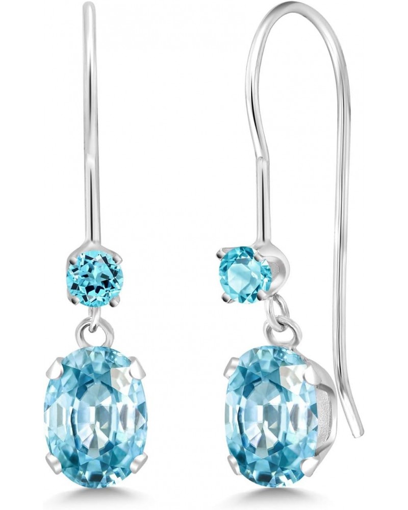 14K White Gold Blue Zircon and Swiss Blue Topaz French Wire Dangle Earrings For Women (1.66 Cttw, Gemstone December Birthston...