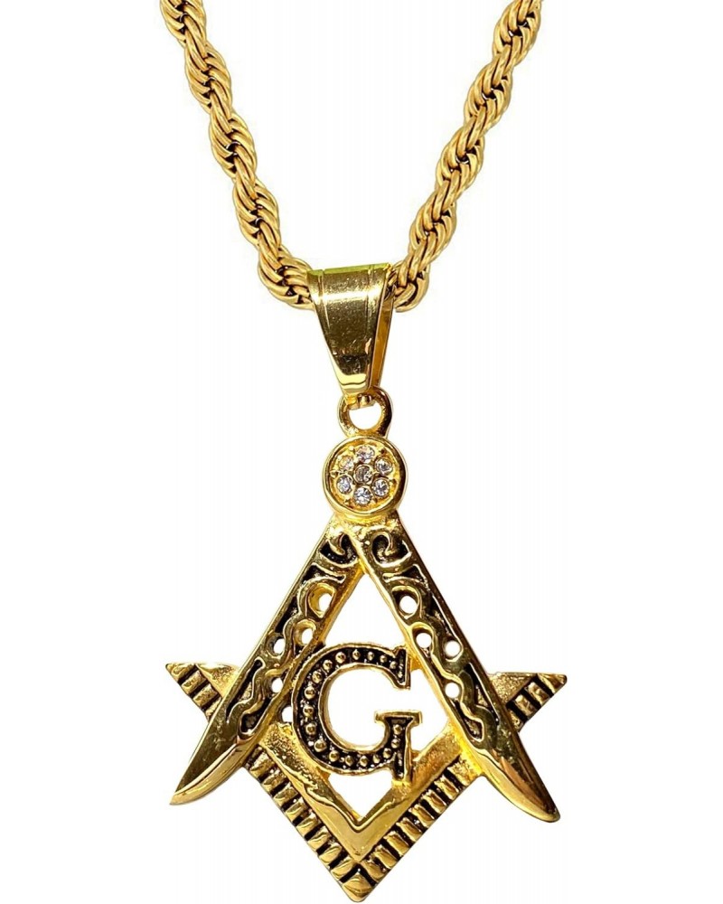 Men Women 925 Italy 14k Gold Finish Iced Triangle G Freemason Symbol Masonic Ice Out Pendant Stainless Steel Real 2.5 mm Rope...