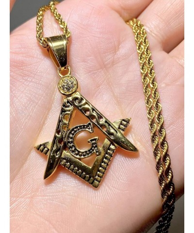 Men Women 925 Italy 14k Gold Finish Iced Triangle G Freemason Symbol Masonic Ice Out Pendant Stainless Steel Real 2.5 mm Rope...