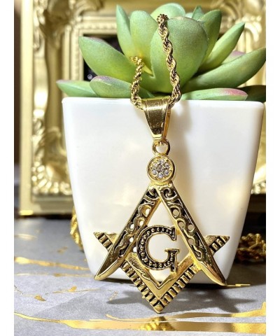 Men Women 925 Italy 14k Gold Finish Iced Triangle G Freemason Symbol Masonic Ice Out Pendant Stainless Steel Real 2.5 mm Rope...