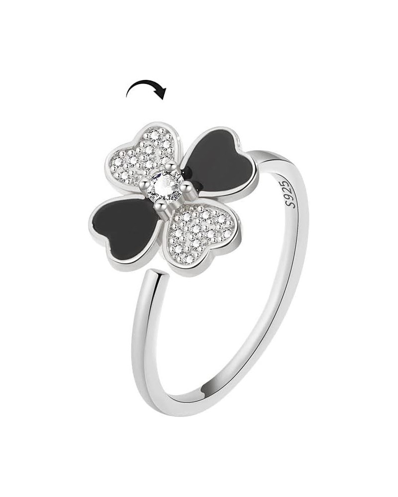 Four-Leaf Clover Fidget Spinner Rings for Women Girls Sterling Silver Plated CZ Heart Flower Anxiety Rotate Freely Inspiratio...