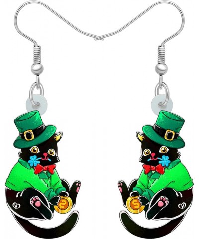 Acrylic St. Patrick's Day Green Hat Cat Earrings Kitten Dangle Jewelry Clover Cat Gifts for Cat Lovers Women Girls Black $7.6...