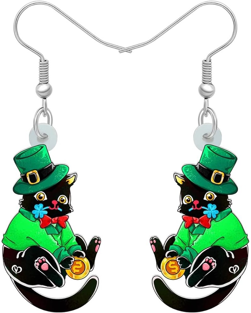 Acrylic St. Patrick's Day Green Hat Cat Earrings Kitten Dangle Jewelry Clover Cat Gifts for Cat Lovers Women Girls Black $7.6...