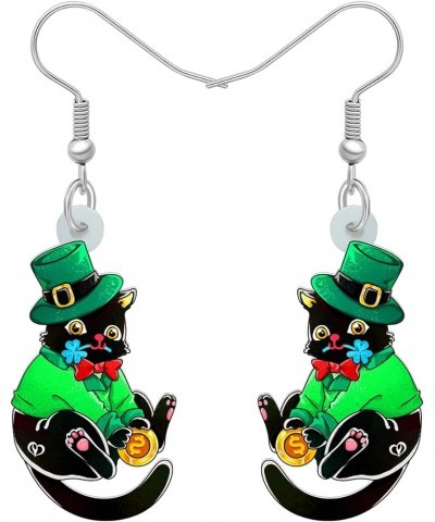 Acrylic St. Patrick's Day Green Hat Cat Earrings Kitten Dangle Jewelry Clover Cat Gifts for Cat Lovers Women Girls Black $7.6...